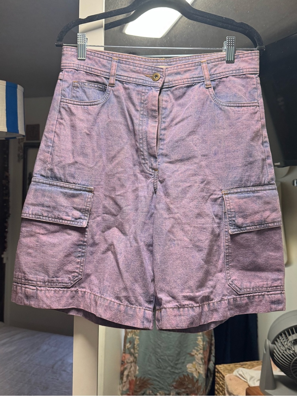 High-Rise Purple/pink Cargo Denim Shorts with Flap Pockets